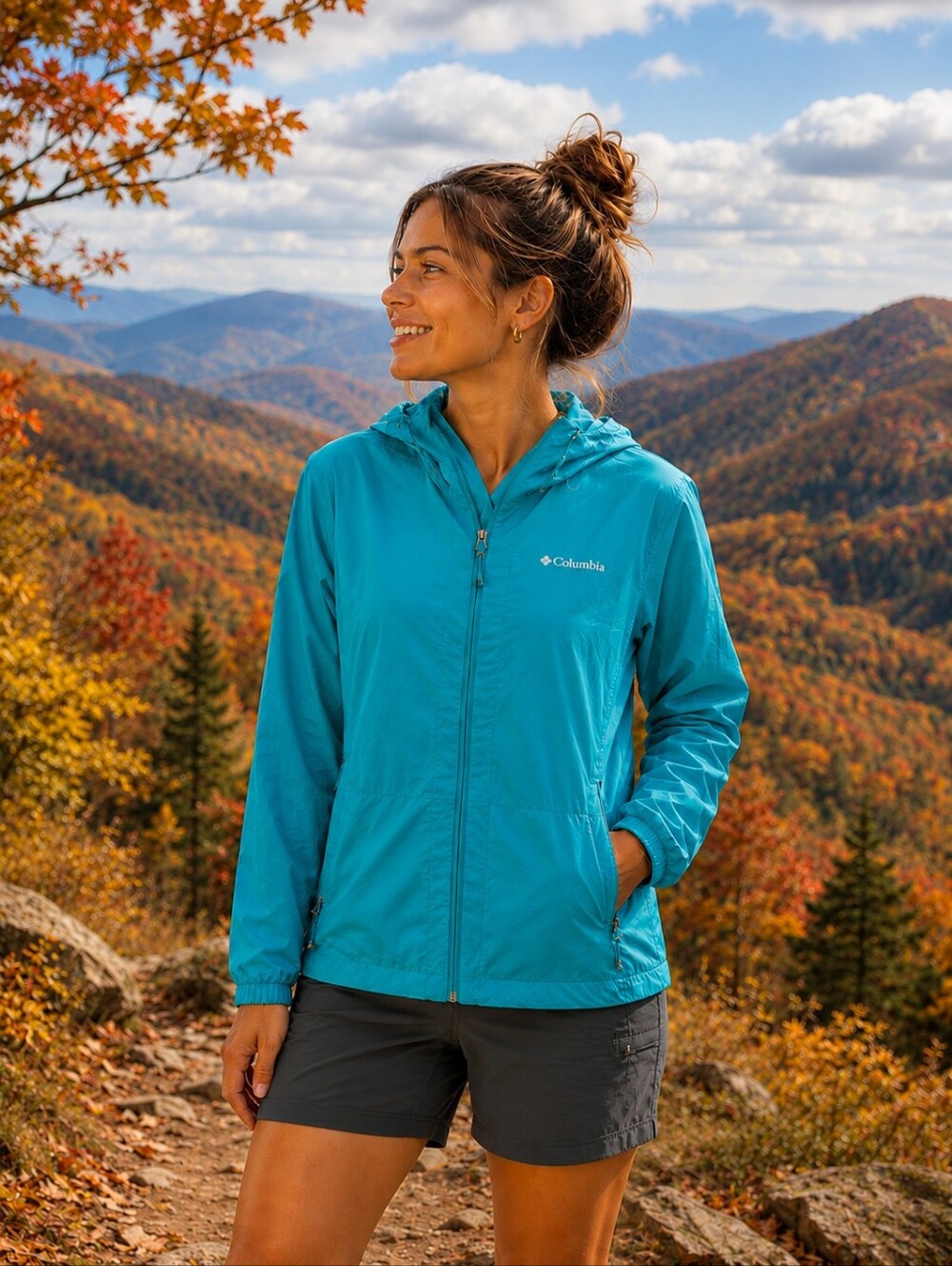 COLUMBIA Aqua Turquoise Blue Lightweight Hooded Windbreaker Jacket Womens Medium